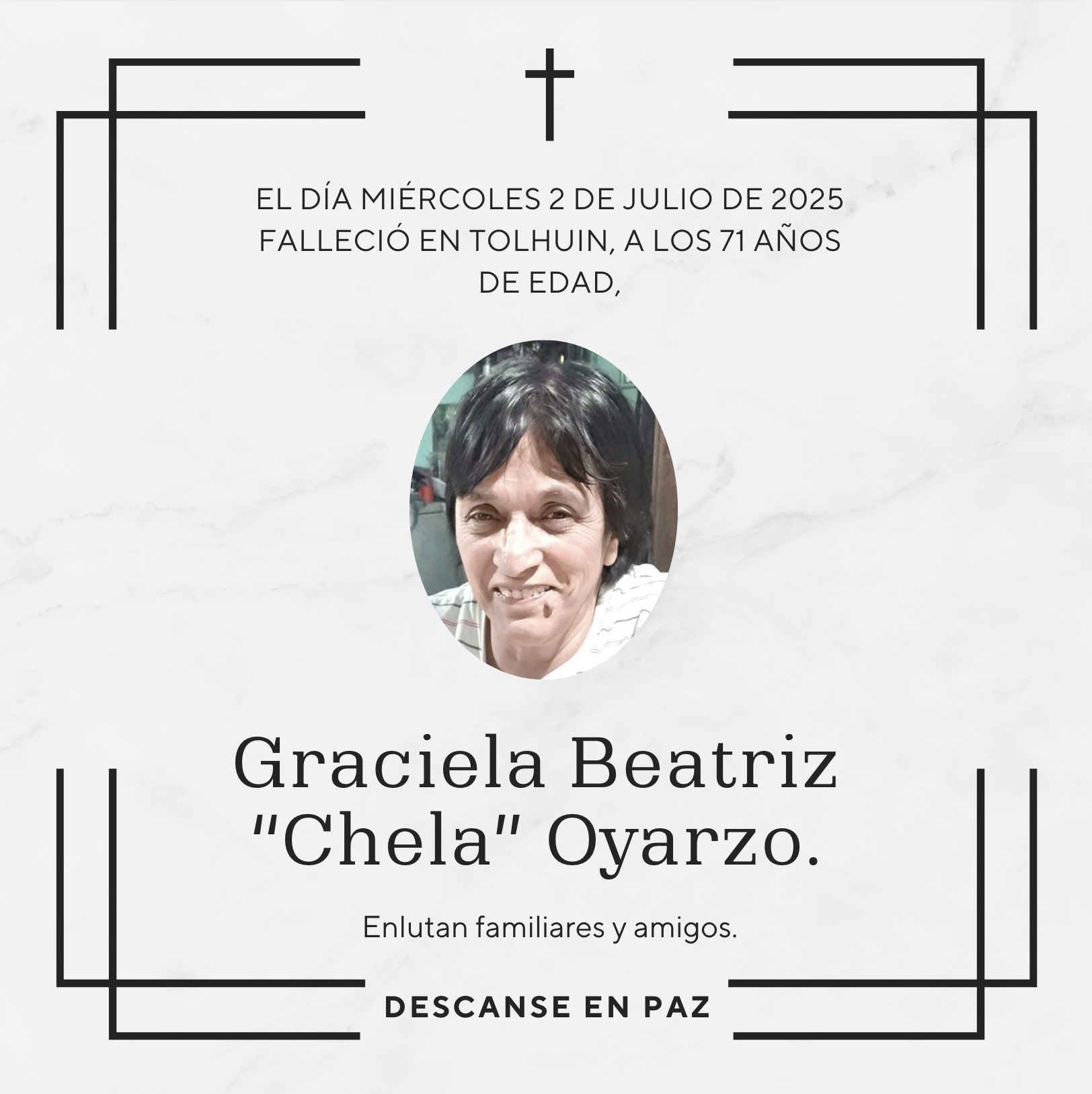 Fallecimiento | Graciela Beatriz “Chela” Oyarzo.